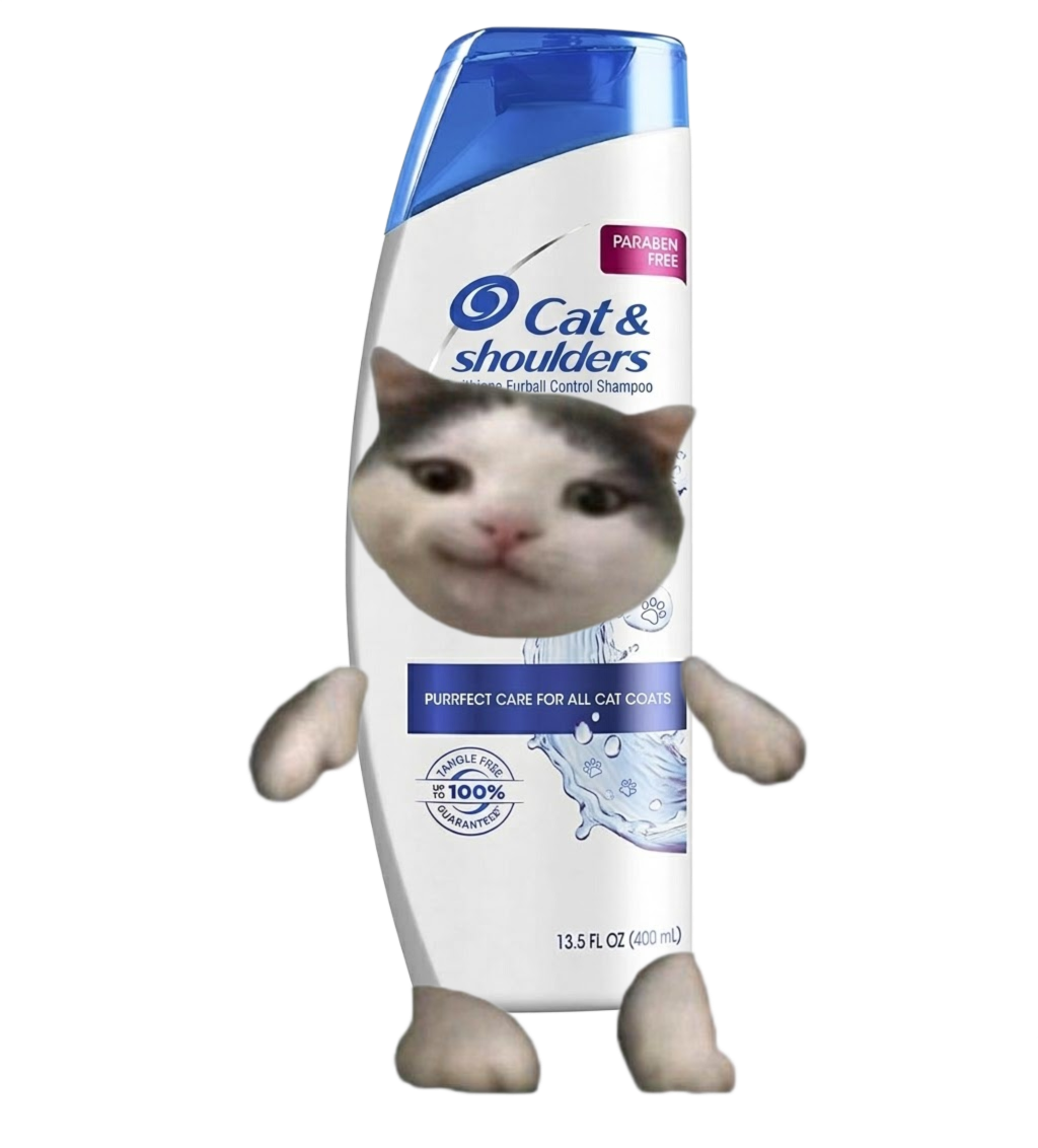 Cat and Shoulders shampoo bottle with little paws and feet